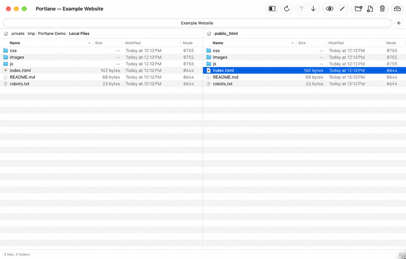 Portlane: local files on the left, server folder on the right. Example Website demonstration connection.